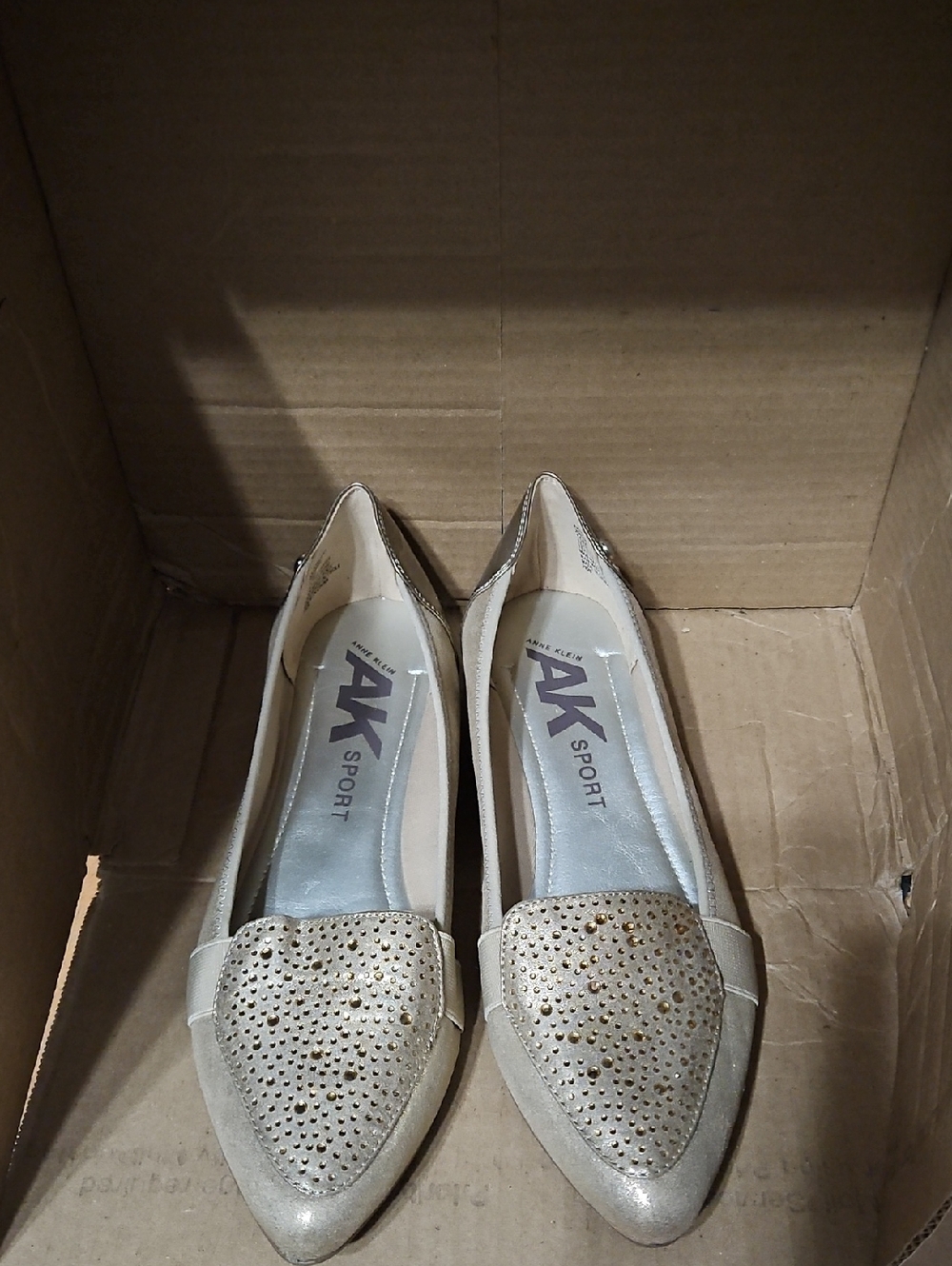 Anne Klein Sport Metallic Champagne Pointed Toe Flats with Crystal Accents